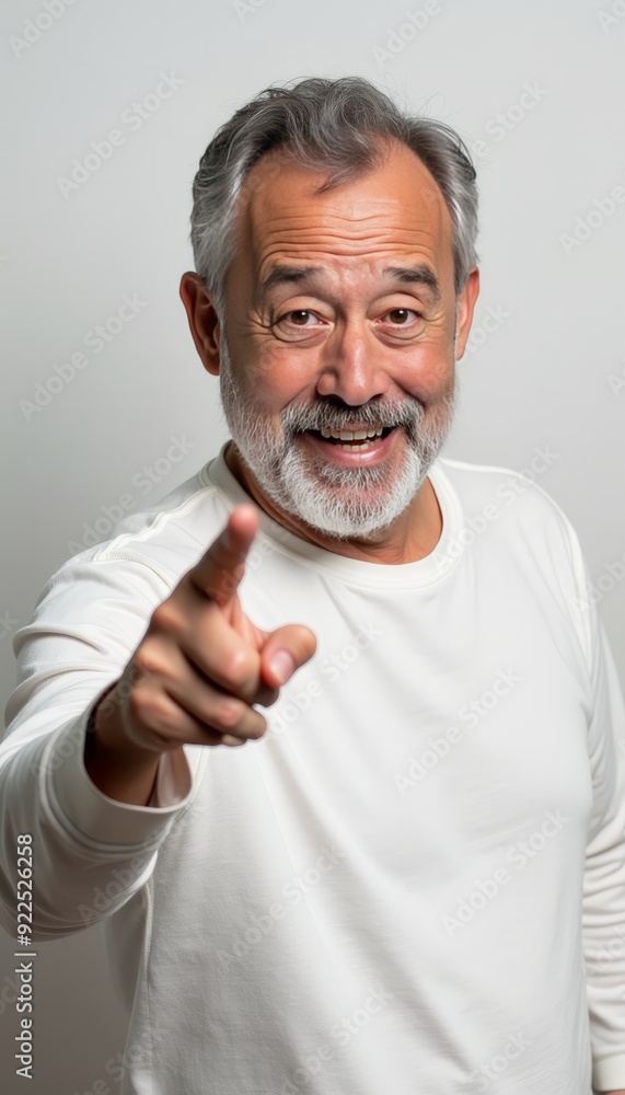 Cheerful Mature Man Pointing with a Friendly Smile and Gesture. Cheerful Mature Man Pointing with a Friendly Smile and Gesture.