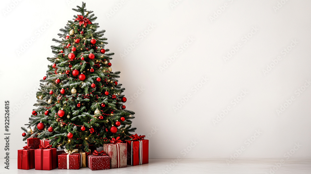 Christmas Tree with red decorations and gifts. Holiday concept on White background with copy-space. Christmas Tree with red decorations and gifts. Holiday concept on White background with copy-space.