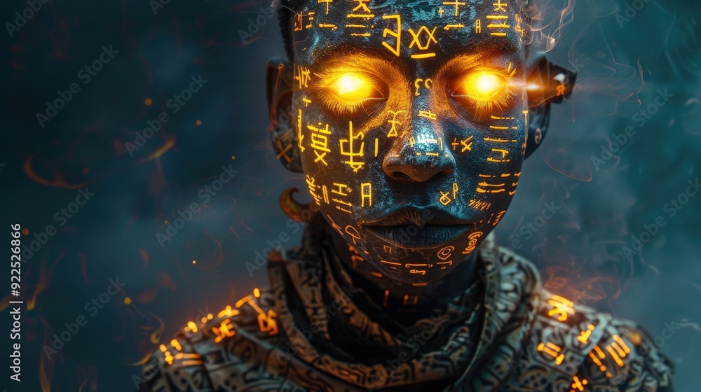 Obraz premium A humanoid figure with glowing eyes and mysterious symbols adorns its skin, creating an eerie atmosphere in a dimly lit setting
