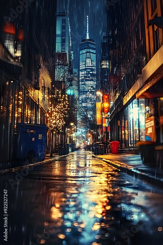 A city street at night with a lot of lights and rain