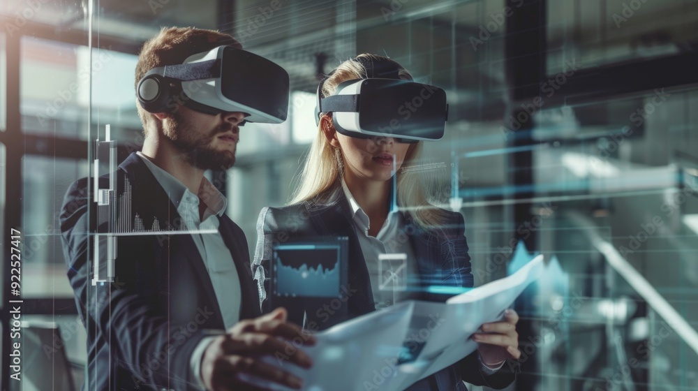 Two business persons are developing a project using virtual reality goggles. Two business persons are developing a project using virtual reality goggles.