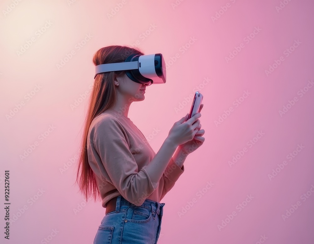 Woman with Virtual Reality Headset Engaged in Digital Interaction. Woman with Virtual Reality Headset Engaged in Digital Interaction.