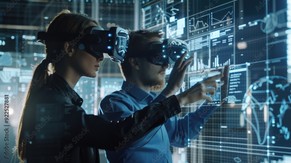 Two business persons are developing a project using virtual reality goggles. Two business persons are developing a project using virtual reality goggles.