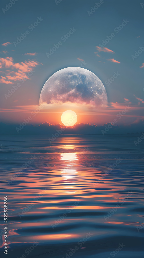 Stunning Photo Realistic Sunrise and Moonrise Over Lake Timelapse Celestial Harmony in Dreamy Background for Graphic Design Stunning Photo Realistic Sunrise and Moonrise Over Lake Timelapse Celestial Harmony in Dreamy Background for Graphic Design