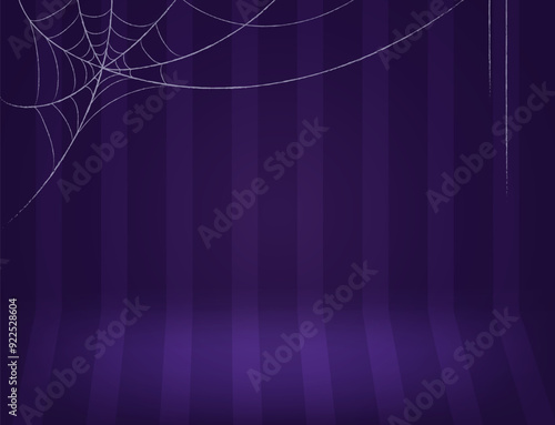 Halloween room with purple striped wall and hanging spider web vector background