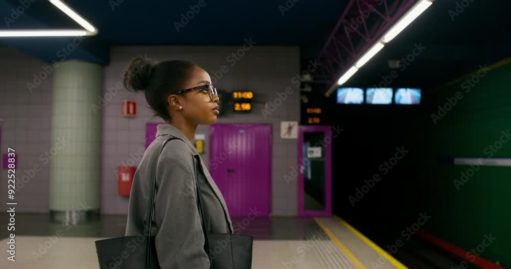 A woman in formal clothes is waiting for a train standing on a subway platform. Side view A woman in formal clothes is waiting for a train standing on a subway platform. Side view