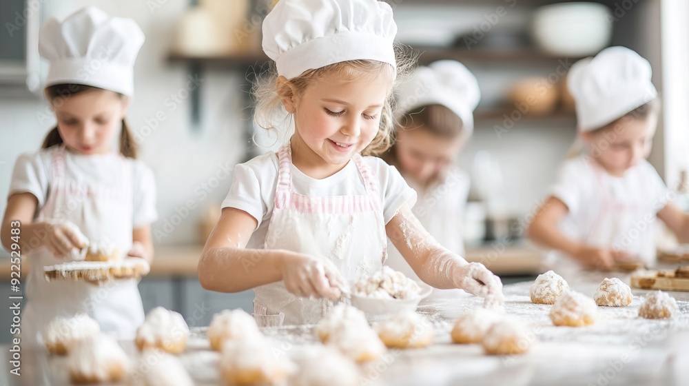 Close-up, children baking pastries in a kitchen, engaging in the learning experience. Close-up, children baking pastries in a kitchen, engaging in the learning experience.