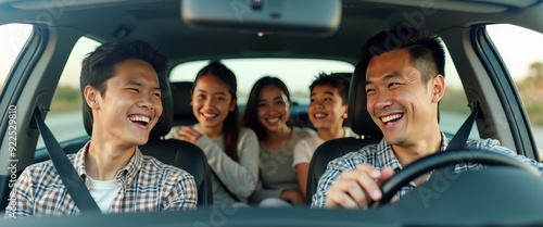 Happy Group of Friends Enjoying a Road Trip in a Car.