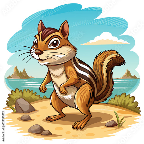 American Beach Chair with Humiliated Eastern Chipmunk Walking Beach - Vector Illustration, SVG & Cricut Files