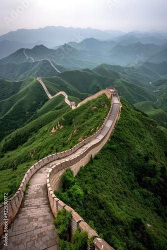 Close-Up of Beacon Towers on the Badaling Great Wall in China, Surrounded by Green Mountain Ranges During Summer photo