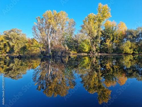 Beautiful Autumn View with reflection at Tundja River, near Ustrem Village, Bulgaria