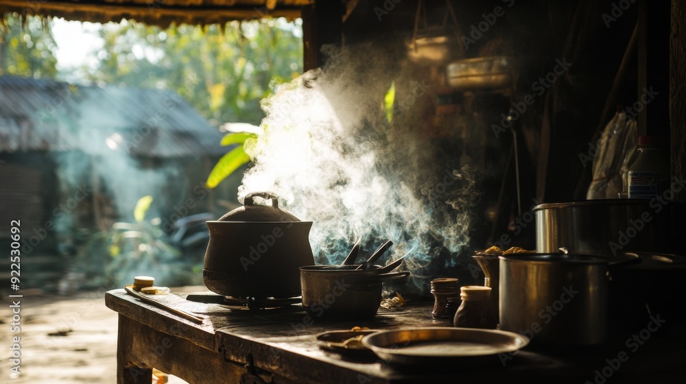 Smoke curling upwards from a traditional Thai kitchen stove, with the rustic surroundings of a countryside home in the background