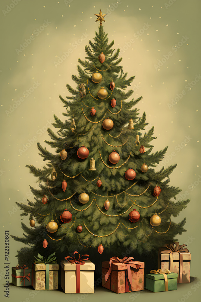 Obraz premium vintage style illustrated christmas tree, chrostmas tree illustration