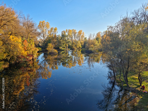 Beautiful Autumn View with reflection at Tundja River, near Ustrem Village, Bulgaria