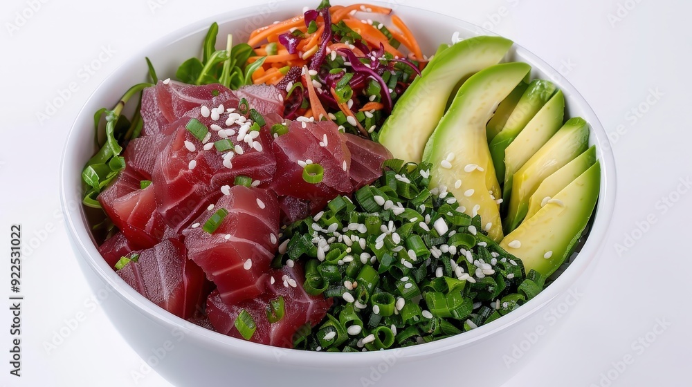 Vibrant Poke Bowl with Tuna and Avocado on White Background - Editorial Food Photography in Professional Studio Vibrant Poke Bowl with Tuna and Avocado on White Background - Editorial Food Photography in Professional Studio