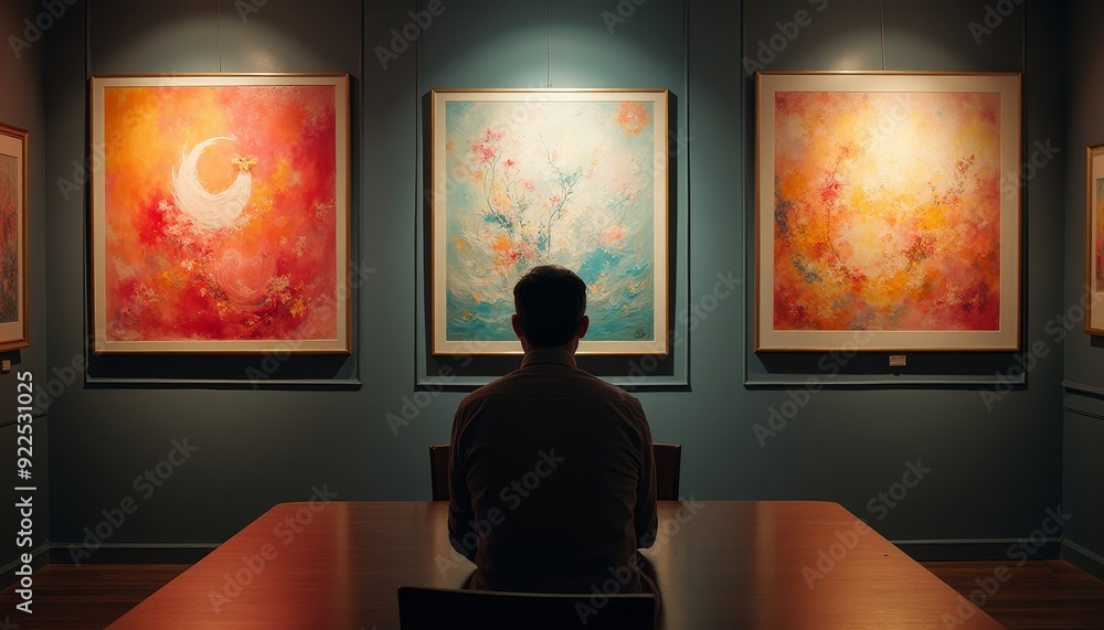 Person Observing Contemporary Art in a Gallery Setting. Person Observing Contemporary Art in a Gallery Setting.
