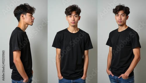 Young Man in Black T-Shirt Posed from Multiple Angles.