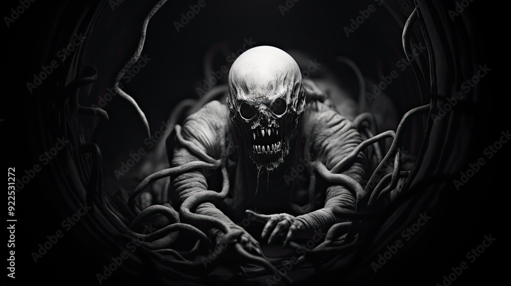 A fearsome demon stares out of the darkness. An evil undead creature from another world. A fearsome demon stares out of the darkness. An evil undead creature from another world.