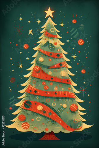 vintage style illustrated christmas tree, chrostmas tree illustration photo