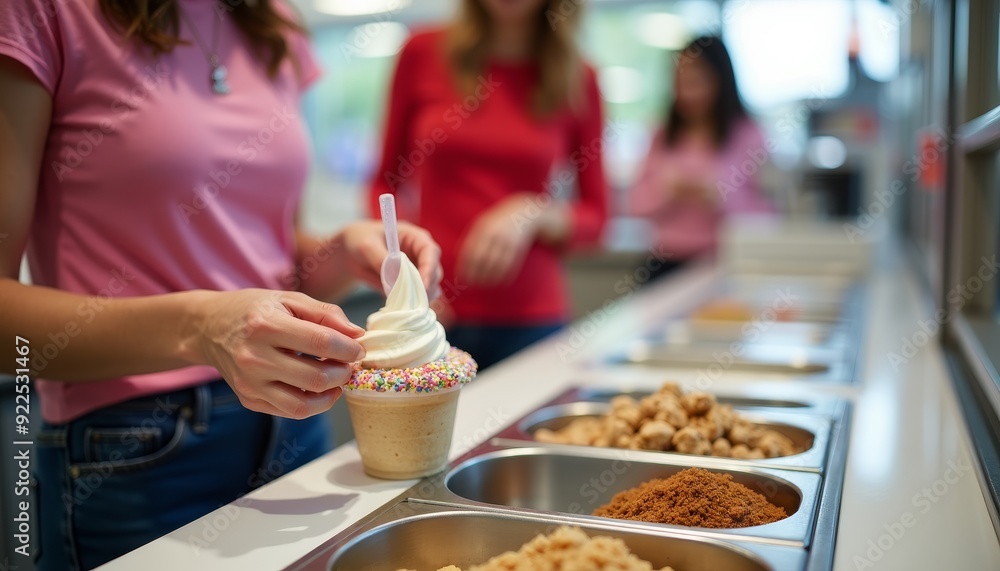 People Enjoying Ice Cream with Various Toppings at a Shop. People Enjoying Ice Cream with Various Toppings at a Shop.
