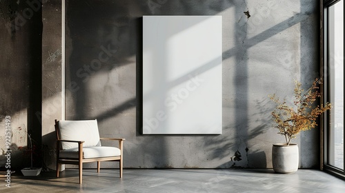 Minimalist Interior with a Large White Canvas and a Wooden Chair