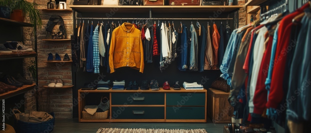 Naklejka premium Stylishly Organized Closet with Clothing and Shoes