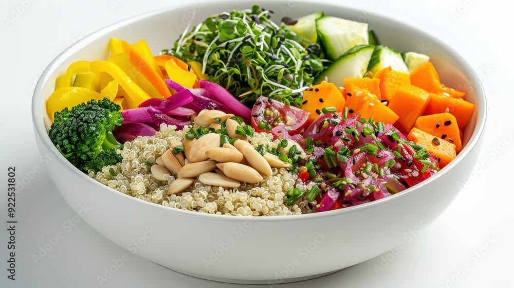 Vibrant Vegan Buddha Bowl Featuring Quinoa and Fresh Veggies on White Background, Editorial Foods Magazine Photography in Professional Studio Vibrant Vegan Buddha Bowl Featuring Quinoa and Fresh Veggies on White Background, Editorial Foods Magazine Photography in Professional Studio