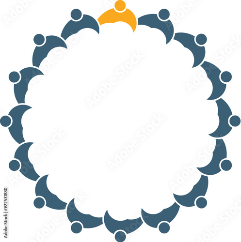 A circular icon featuring multiple interconnected figures with one highlighted in yellow, symbolizing leadership, teamwork, unity, and community