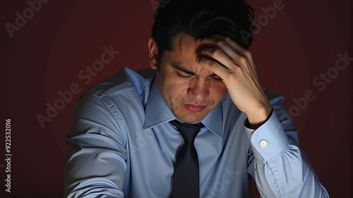 Stressed Businessman with Head in Hands Looking for Solutions.