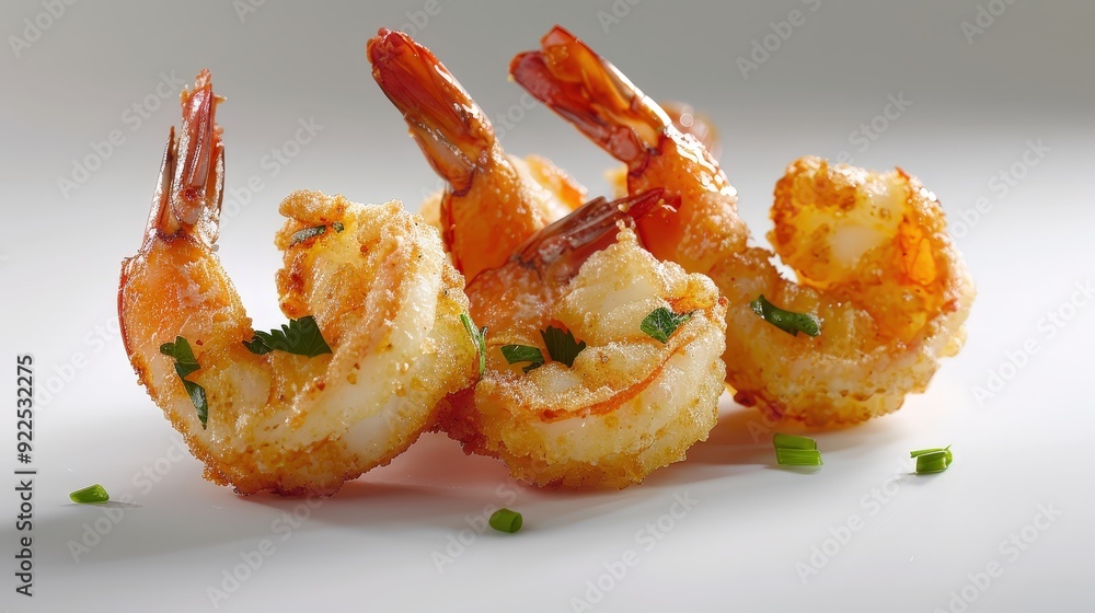 Crispy Shrimp Tempura Delight on White, Editorial Food Photography in Professional Studio Setting Crispy Shrimp Tempura Delight on White, Editorial Food Photography in Professional Studio Setting