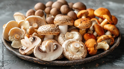 Close-Up of Various Mushrooms on a Wooden Plate and a Cluster of White Agaricus Like Mushrooms Growing on the Forest Floor in Estabrook Woods, Concord, Massachusetts, with Copy Space photo