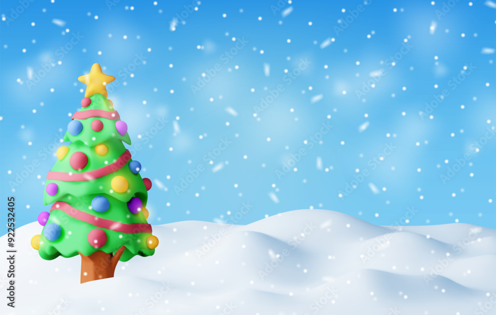 3D christmas background. Render christmas tree with garlands and balls. Winter landscape with fir tree and snowing. Happy new year celebration. New year xmas holiday. Vector illustration 3D christmas background. Render christmas tree with garlands and balls. Winter landscape with fir tree and snowing. Happy new year celebration. New year xmas holiday. Vector illustration