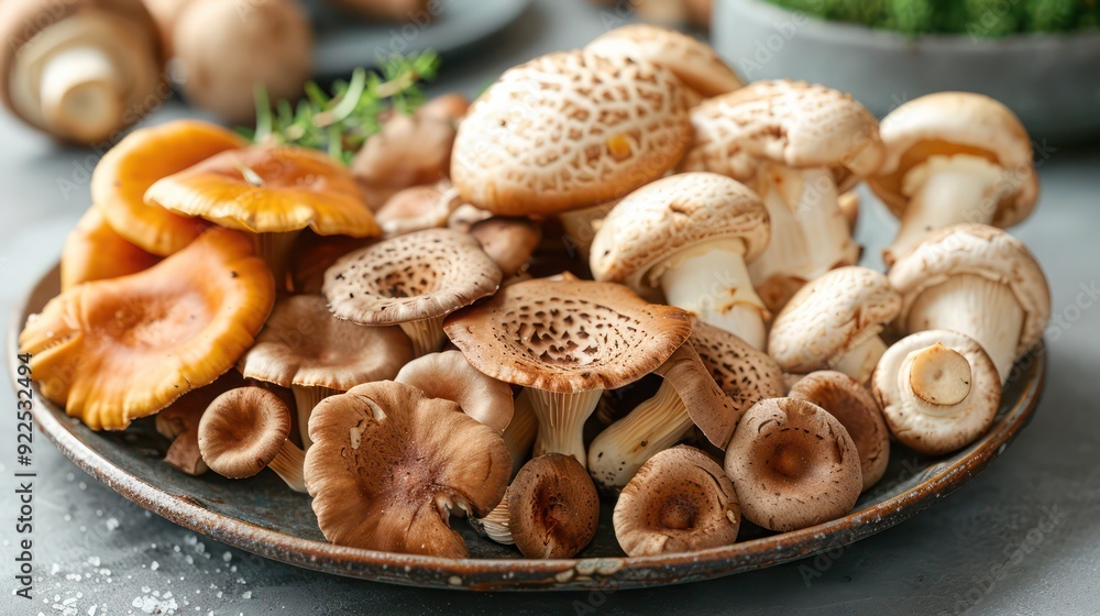 Close-Up of Various Mushrooms on a Wooden Plate and a Cluster of White Agaricus Like Mushrooms Growing on the Forest Floor in Estabrook Woods, Concord, Massachusetts, with Copy Space Close-Up of Various Mushrooms on a Wooden Plate and a Cluster of White Agaricus Like Mushrooms Growing on the Forest Floor in Estabrook Woods, Concord, Massachusetts, with Copy Space