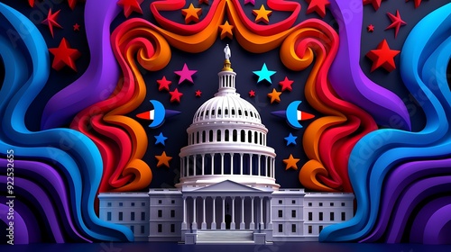 A vibrant travel poster of Washington, D.C., highlighting the U.S. Capitol and the White House with election symbols  photo