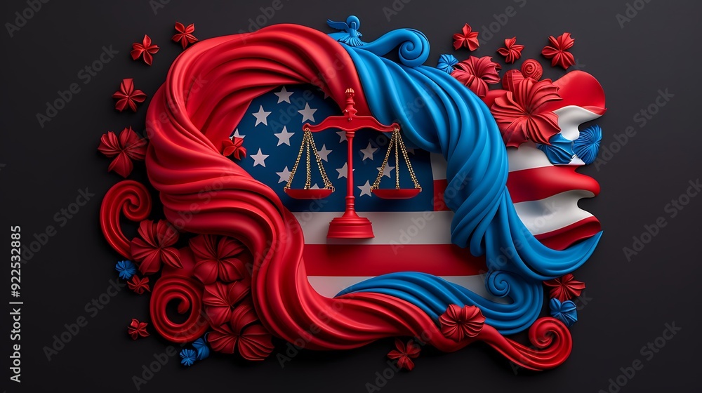 Obraz premium A stylized illustration of the U.S. flag intertwined with symbols of justice and liberty, creating a dynamic composition