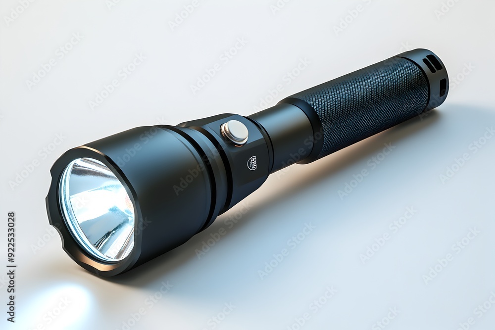 Powerful Handheld Aluminum Flashlight Shining Bright Beam of Light on Plain Background Powerful Handheld Aluminum Flashlight Shining Bright Beam of Light on Plain Background