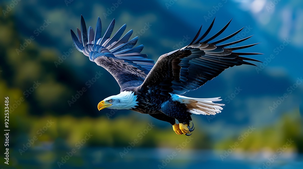 Obraz premium A patriotic illustration of the Bald Eagle with the American flag in its talons, soaring above a mountain range 