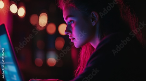 Focused woman using laptop in colorful neon light, working late at night in a modern creative space