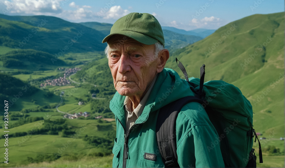 Portrait of an elderly man with a backpack while hiking in the hills with a stunning view behind him. Portrait of an elderly man with a backpack while hiking in the hills with a stunning view behind him.