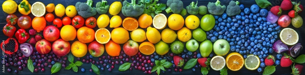 A colorful array of fresh fruits and vegetables arranged in a gradient A colorful array of fresh fruits and vegetables arranged in a gradient