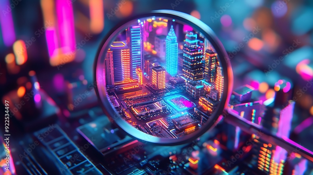 A magnifying glass focusing on a neon city with tall buildings. A magnifying glass focusing on a neon city with tall buildings.
