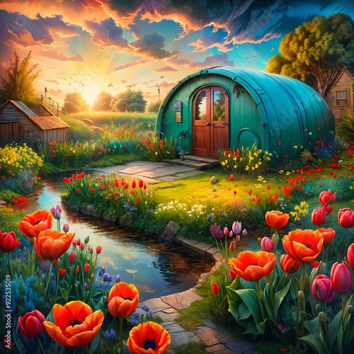 A whimsical, curved green nissen hut sits amid a vibrant garden full of red tulips and other flowers, with a serene stream winding through the scene under a dramatic, colorful sky, (gen, A.I.) photo