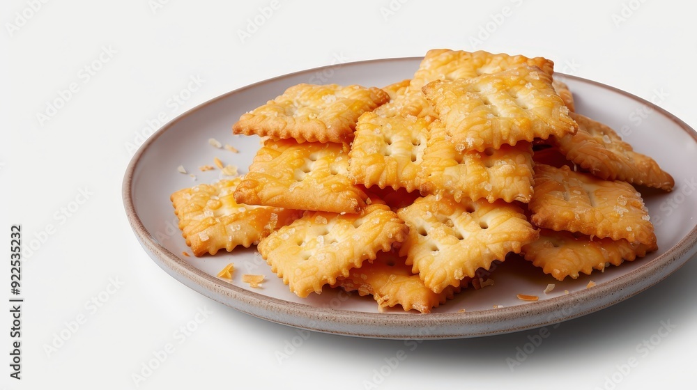 Delicious Crispy Cheese Crackers on Plate, Editorial Food Photography in Professional Studio Setting on White Background Delicious Crispy Cheese Crackers on Plate, Editorial Food Photography in Professional Studio Setting on White Background