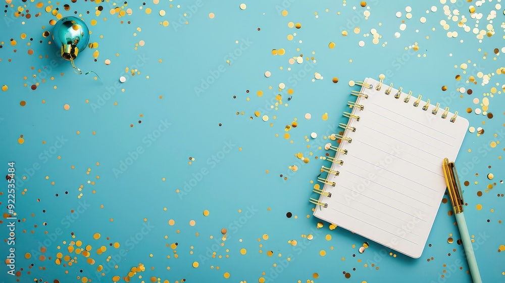 A white notebook with gold spiral binding and a gold pen lie on a light blue background covered in gold confetti. A white notebook with gold spiral binding and a gold pen lie on a light blue background covered in gold confetti.