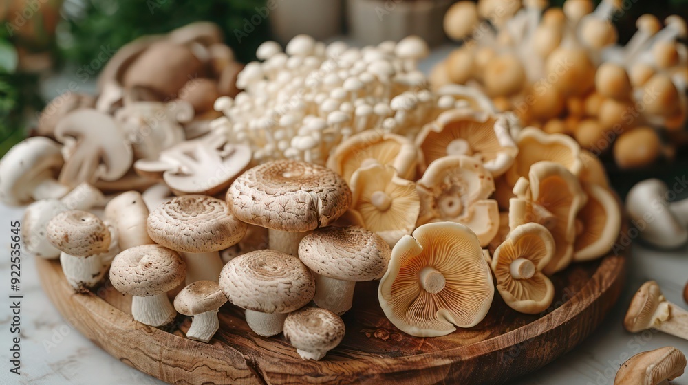 Close-Up of Various Mushrooms on a Wooden Plate and a Cluster of White Agaricus Like Mushrooms Growing on the Forest Floor in Estabrook Woods, Concord, Massachusetts, with Copy Space Close-Up of Various Mushrooms on a Wooden Plate and a Cluster of White Agaricus Like Mushrooms Growing on the Forest Floor in Estabrook Woods, Concord, Massachusetts, with Copy Space