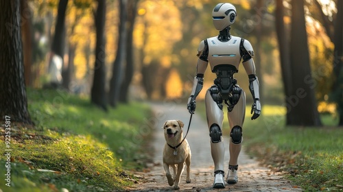 Humanoid robot walking a dog on a peaceful park path during a sunny autumn day surrounded by trees