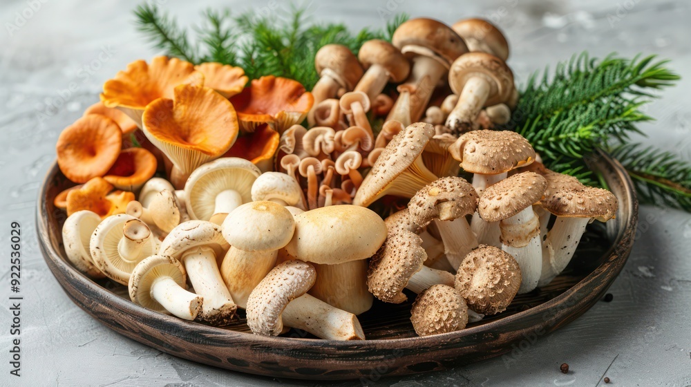 Close-Up of Various Mushrooms on a Wooden Plate and a Cluster of White Agaricus Like Mushrooms Growing on the Forest Floor in Estabrook Woods, Concord, Massachusetts, with Copy Space Close-Up of Various Mushrooms on a Wooden Plate and a Cluster of White Agaricus Like Mushrooms Growing on the Forest Floor in Estabrook Woods, Concord, Massachusetts, with Copy Space