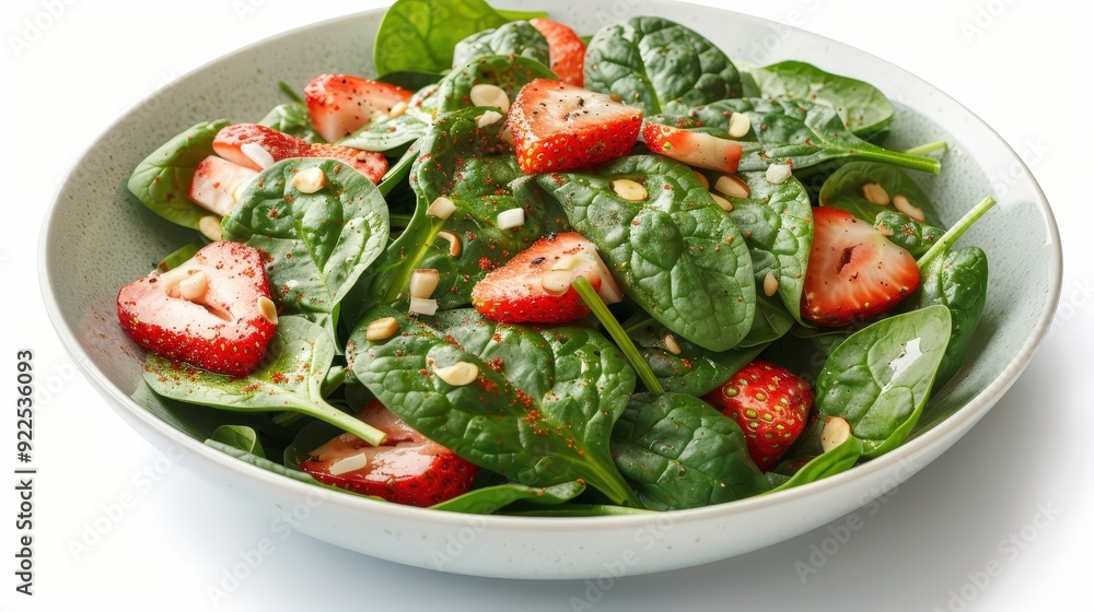 Vibrant Spinach and Strawberry Salad in a Bowl on White Background - Editorial Food Photography Concept Vibrant Spinach and Strawberry Salad in a Bowl on White Background - Editorial Food Photography Concept