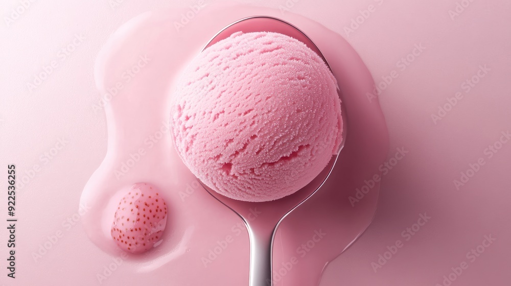 Pink Ice Cream Scoop on a Spoon with Melted Ice Cream Pink Ice Cream Scoop on a Spoon with Melted Ice Cream
