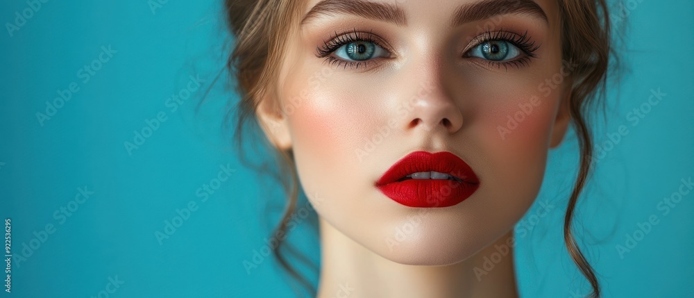 Fototapeta premium Close-up Portrait of a Woman with Red Lipstick and Blue Eyes
